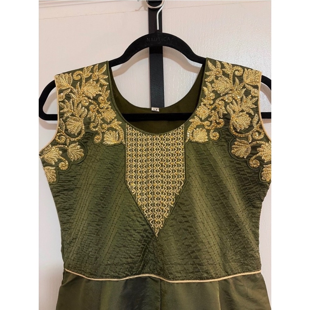 Vintage Olive Green Gold Embroidered Sequin Sleeveless Fit Flare Dress Womens - Picture 3 of 8